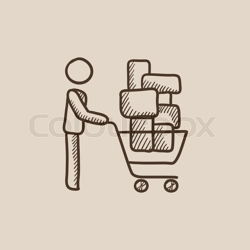 800x800 Man Pushing Shopping Cart With Boxes Sketch Icon For Web, Mobile - Boxes Sketch