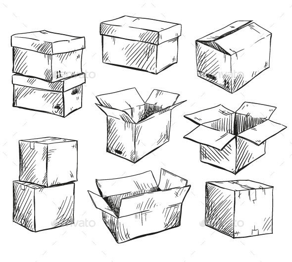 590x529 Set Of Doodle Cardboard Boxes By Kamenuka Graphicriver - Boxes Sketch