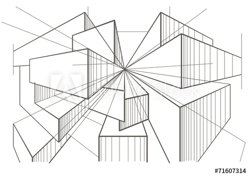 500x354 Abstract Architectural Sketch Of Boxes In Perspective - Boxes Sketch