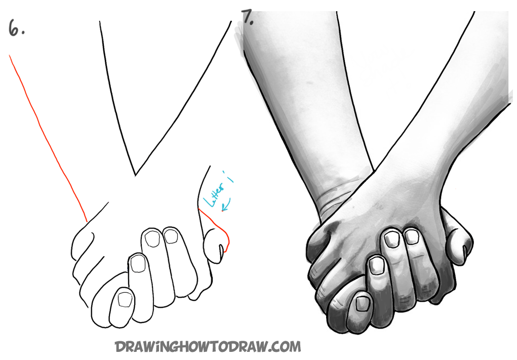 1021x711 How To Draw Holding Hands With Easy Step By Step Drawing Tutorial - Boy And Girl Holding Hands Sketch