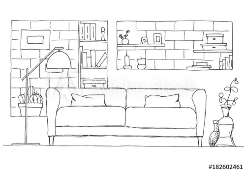 500x350 Sofa And Floor Lamp. Brick Wall With Shelves. Vector Illustration - Brick Wall Sketch