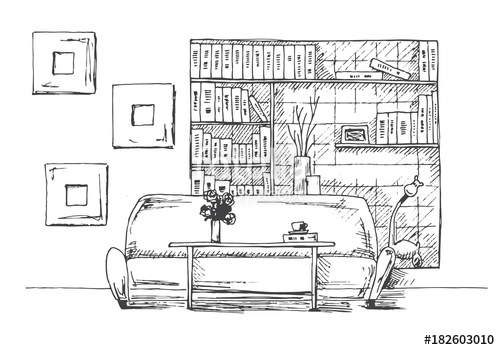 500x350 Table In Front Of The Sofa. Brick Wall With Shelves. Vector - Brick Wall Sketch