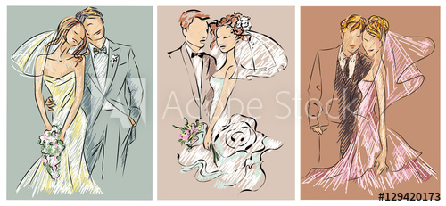 500x231 Wedding Couples, Bride And Groom Sketch Set Invitation Vector - Bride And Groom Sketch