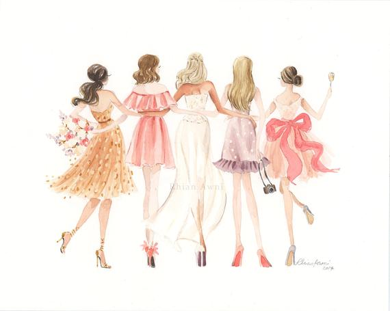 570x455 Custom Bridesmaid Portrait Bridal Watercolor Illustration Etsy - Bridesmaid Sketch