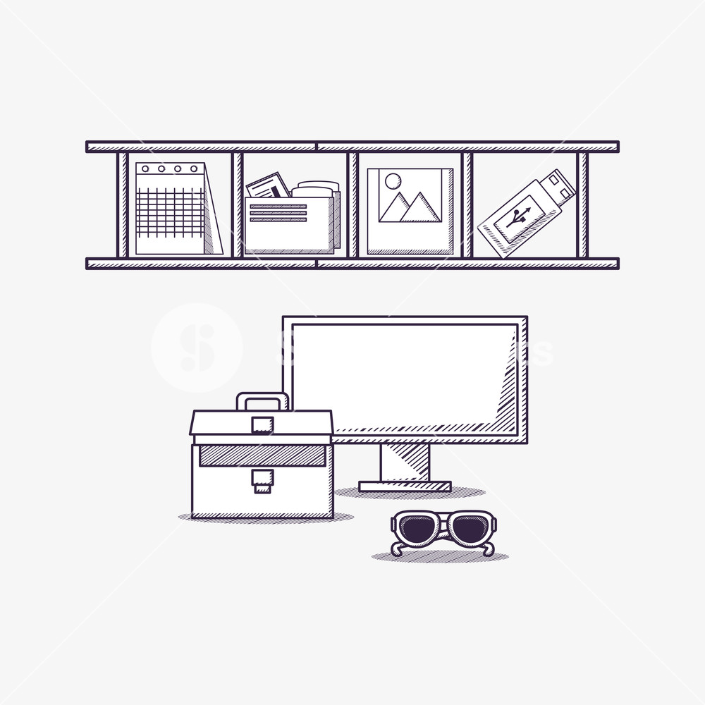 1000x1000 Office Supplies Design With Shelves With Objects And Computer With - Briefcase Sketch