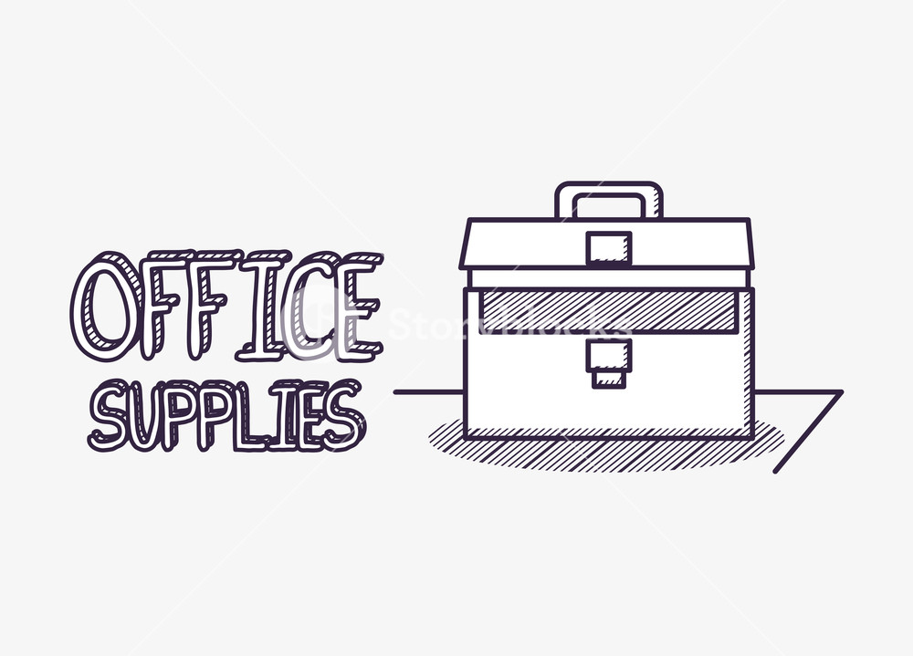 1000x719 Office Supplies With Briefcase Over White Background, Sketch - Briefcase Sketch