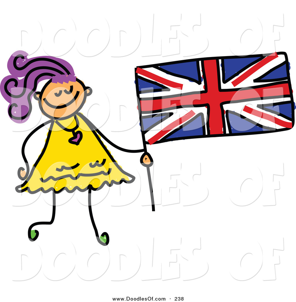 1024x1044 Vector Clipart Of A Childs Sketch Of A Happy Girl Holding A - British Flag Sketch