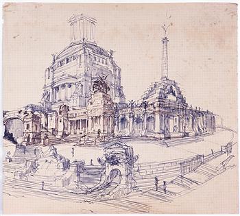 350x315 Sketch Of The Exterior View Of The Central Section Of The Temple - British Sketch
