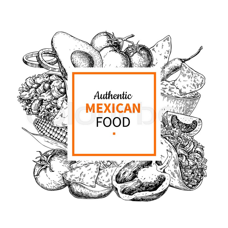 800x800 Mexican Food Sketch Label In Frame. Traditional Cuisines Drawing - Brochure Sketch