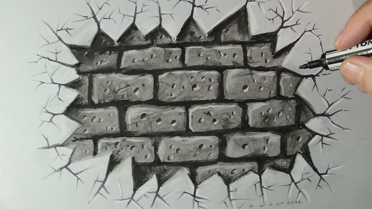 1280x721 Drawing A Cracked Brick Wall, Time Lapse - Broken Wall Sketch