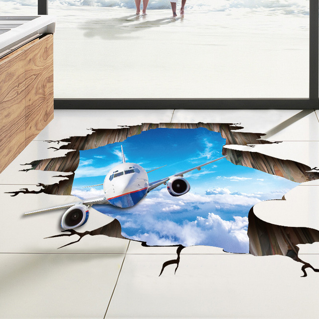 640x640 New 3d Blue Sky Cloud Plane Wall Sticker For Kids Room Broken Wall - Broken Wall Sketch