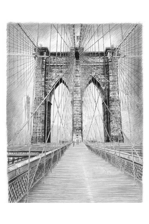570x855 Brooklyn Bridge, New York City Art Print Of Original Pencil Sketch - Brooklyn Bridge Sketch