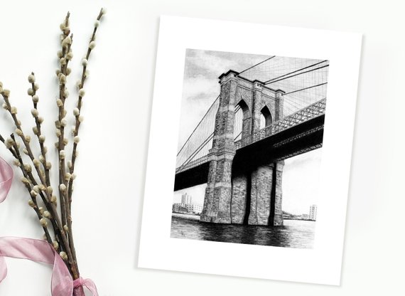 570x416 Brooklyn Bridge Art Print Architecture Pencil Drawing Fine Etsy - Brooklyn Bridge Sketch