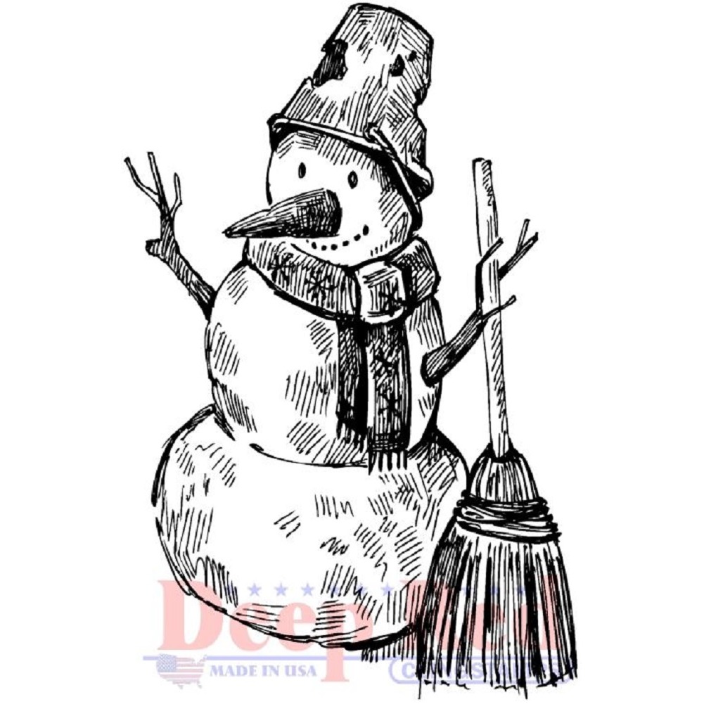 1001x1001 Deep Red Rubber Cling Stamp Winter Snowman With Broom Sketch - Broom Sketch
