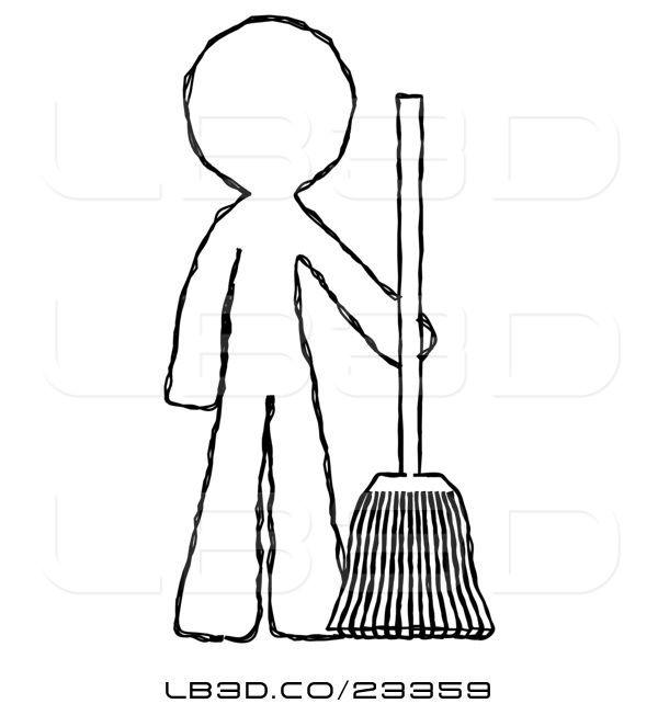 600x652 Illustration Of Sketch Design Mascot Guy Standing With Broom - Broom Sketch