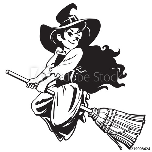 500x500 Sketch Of Cute Young Halloween Witch Flying On The Broom Stick - Broom Sketch
