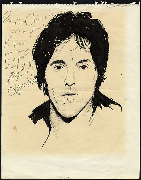 473x600 Bruce Springsteen Signed Drawing With Inscription From 1975 - Bruce Springsteen Sketch