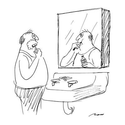 400x400 Man Is Shaving In Front Of A Mirror, But His Reflection Is - Brushing Teeth Sketch