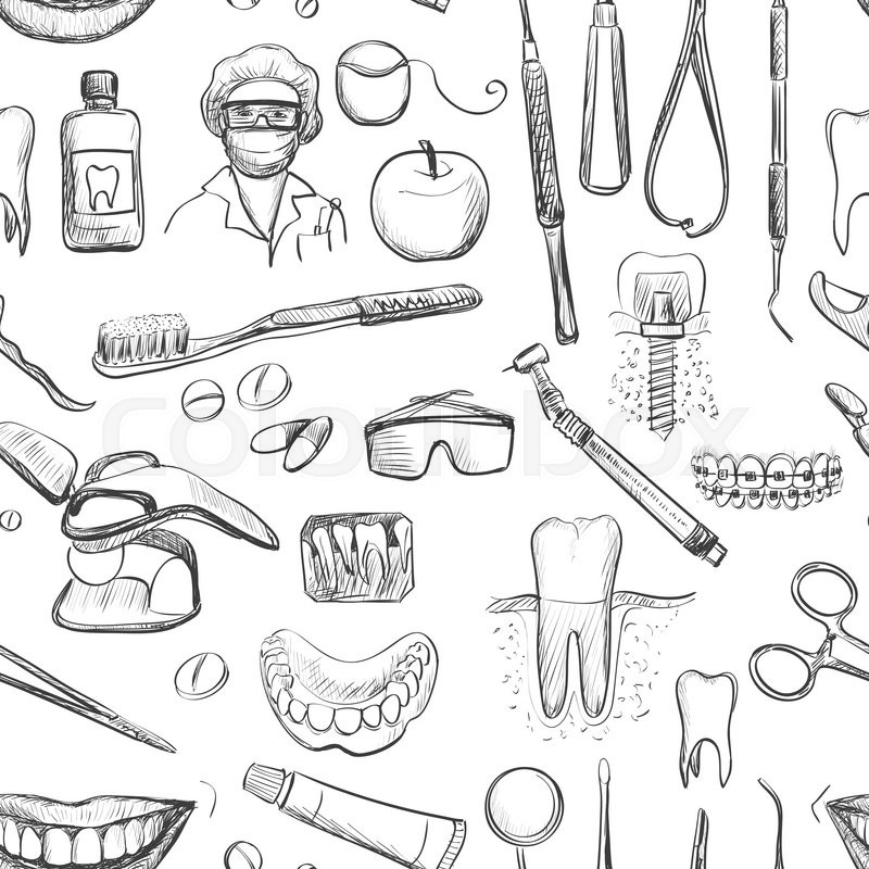800x800 Seamless Pattern With Dental Care Instruments Tooth Paste, Tooth - Brushing Teeth Sketch