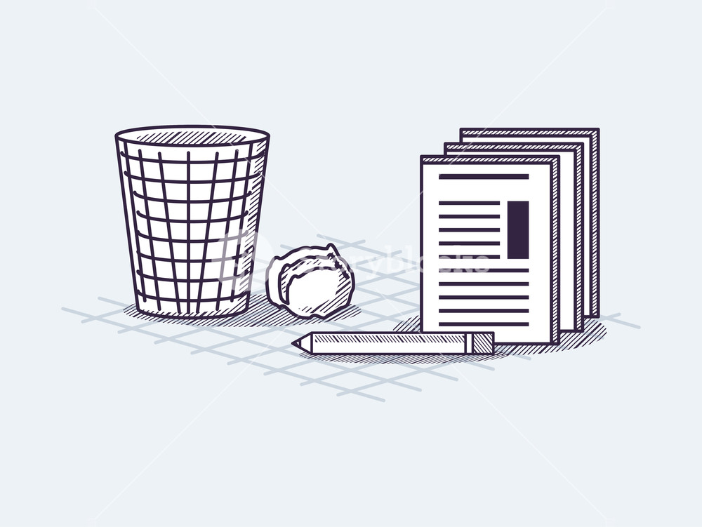 1000x751 Document Pages And Trash Bucket Over White Background, Sketch - Bucket Sketch
