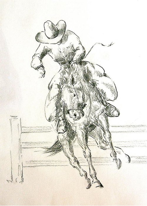 500x700 Cowboy On Bucking Horse Greeting Card For Sale By Smart Healthy Life - Bucking Horse Sketch