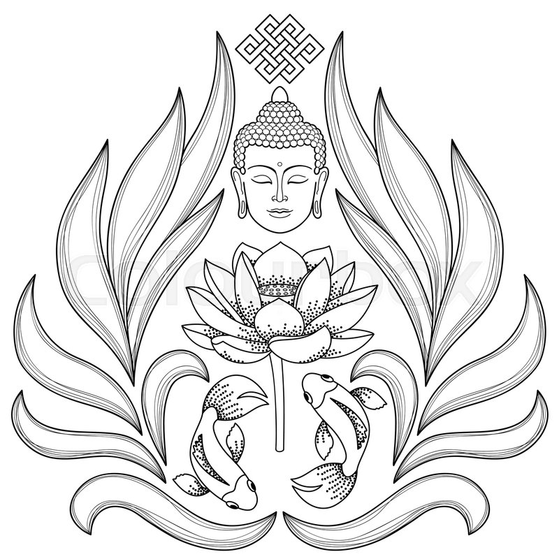 800x800 Buddha Head With Endless Knot, Lotus, Fishes On White Background - Buddha Head Sketch