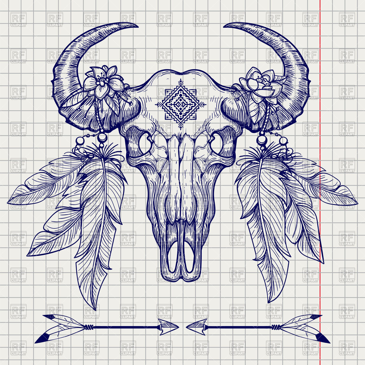 1200x1200 Buffalo Skull Sketch With Indian Feathers And Arrows Vector Image - Buffalo Sketch Images