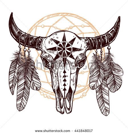 450x470 Boho Buffalo Skull With Feathers And Dreamcatcher. Hand Drawn - Buffalo Skull Sketch