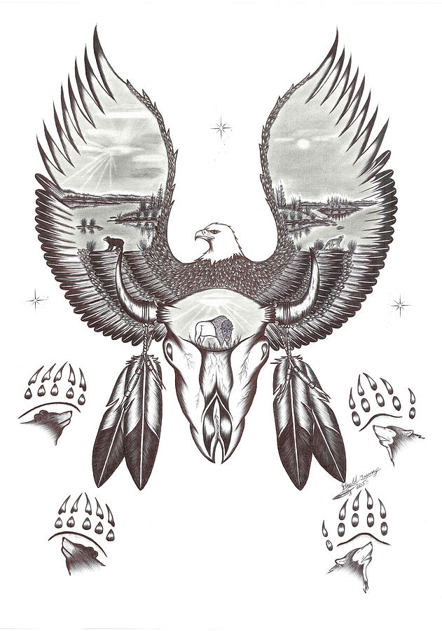 631x900 Buffalo Skull And Paw Prints Drawing By Donald Tssessaze Jr - Buffalo Skull Sketch