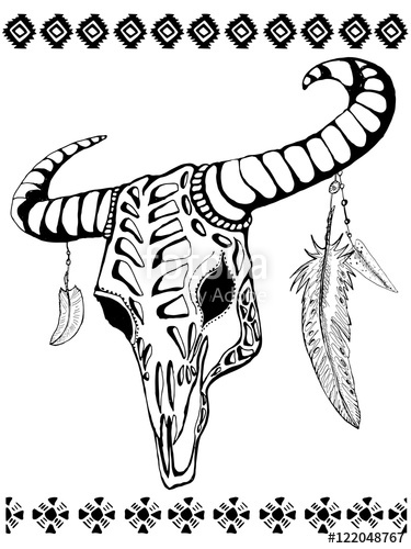 375x500 Buffalo Skull With Feathers And Tribal Decorative Elements.. Hand - Buffalo Skull Sketch