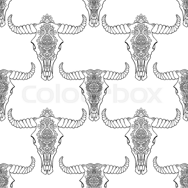800x800 Mandala Style Dead Cow Heads Seamless Pattern. Decorative Ornament - Buffalo Skull Sketch