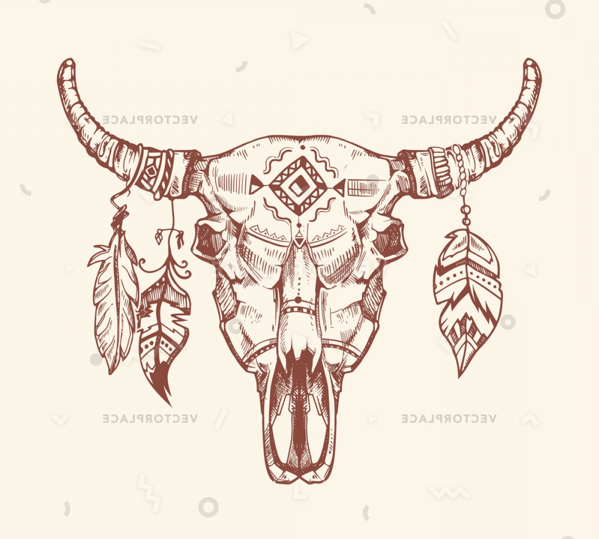 1200x1080 Aztec Tribal Buffalo Skull T Shirt Print Vector Illustration - Buffalo Skull Sketch