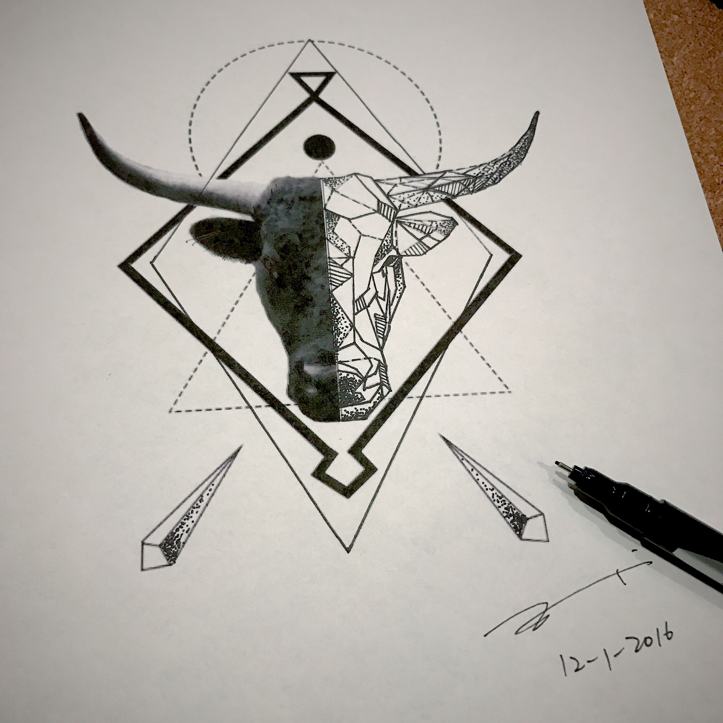 3024x3024 Geometric Bull Head Tattoo Design By Esther C. Because There Aren - Bull Head Sketch
