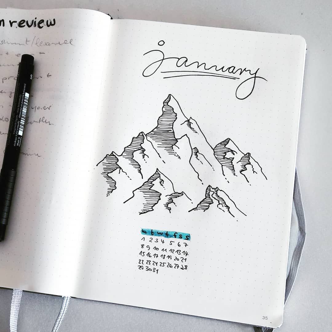 1080x1080 Bullet Journal Monthly Cover Page, January Cover Page, Mountain - Bullet Sketch