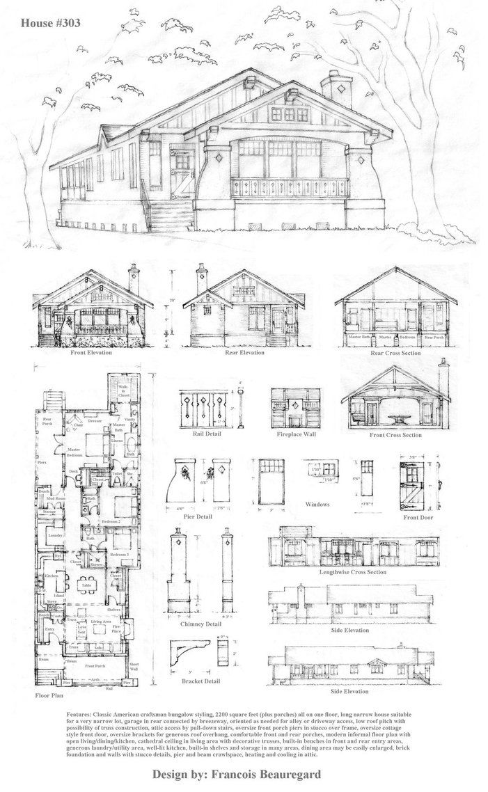 701x1138 Sketch Plans For A One Story Craftsman Bungalow Suitable For A - Bungalow Sketch