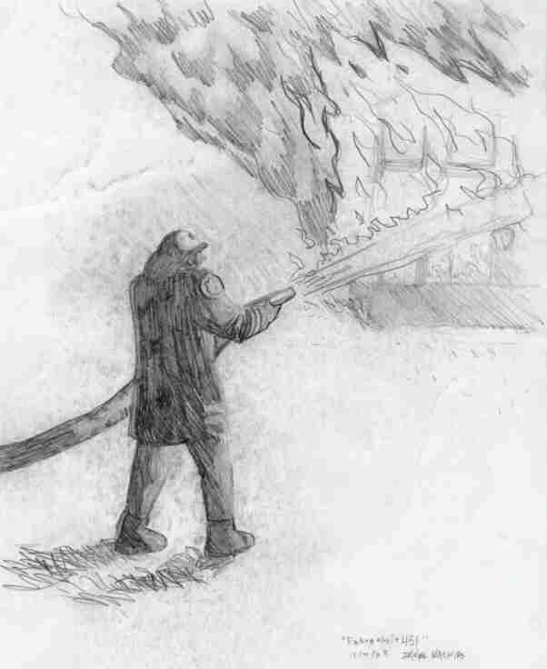 602x736 Fahrenheit 451 - Burning House Sketch