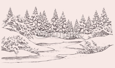 400x237 Vector Graphic Sketch. Winter Forest Landscape With Snow Covered - Bushes Sketch