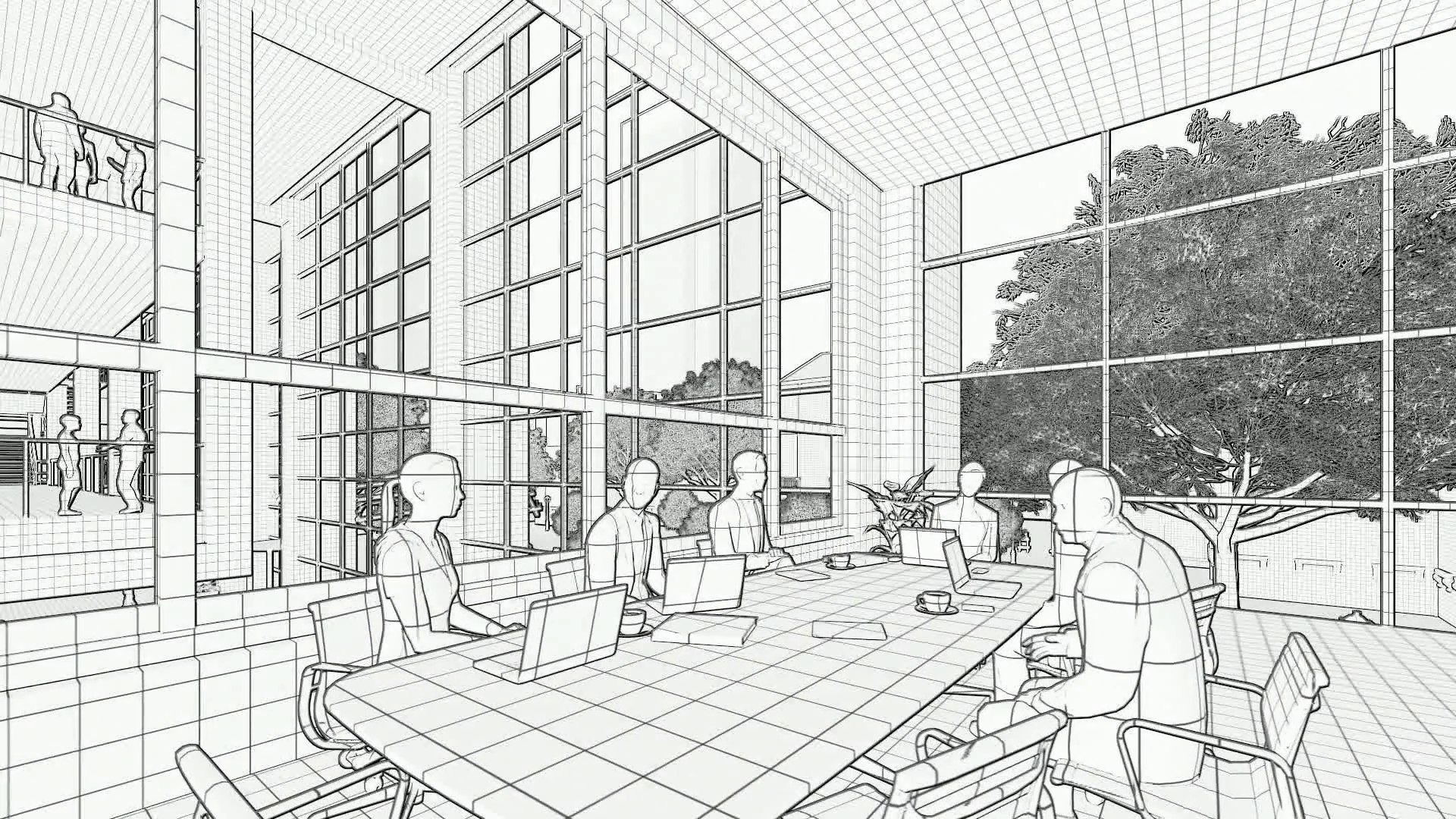 1920x1080 Business Team Silhouettes Meeting, Office Building, Tilt, 3d - Business Sketch