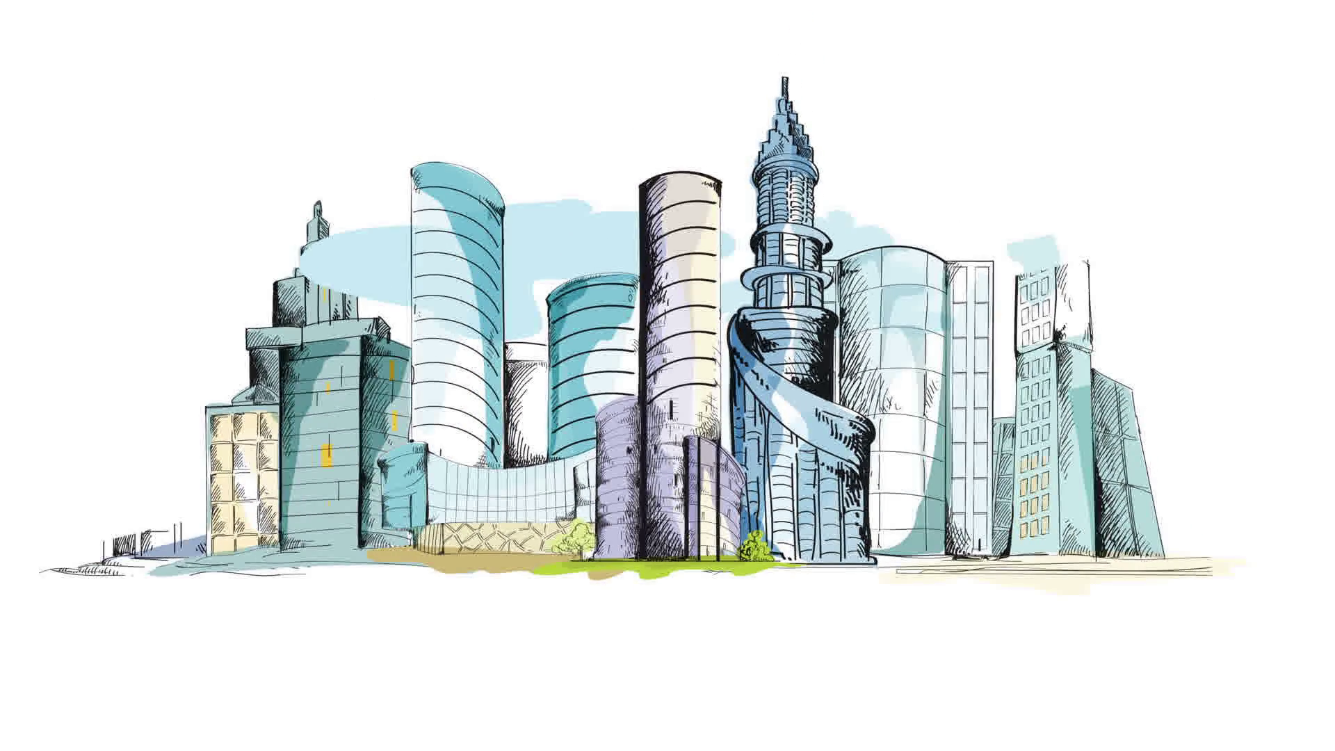 1920x1080 Modern Urban Colored Doodle Sketch City Center With Skyscraper - Business Sketch