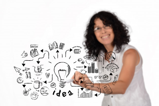 626x417 Businesswoman Drawing Strategic Idea Sketch Photo Premium Download - Business Woman Sketch