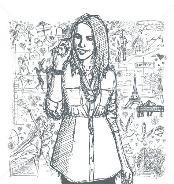 569x600 Sketch Businesswoman Writing Something Against Love Story Backgr - Business Woman Sketch