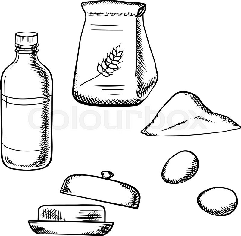 800x782 Paper Bag Of Flour, Fresh Eggs, Bottle Of Milk, And Butter - Butter Sketch