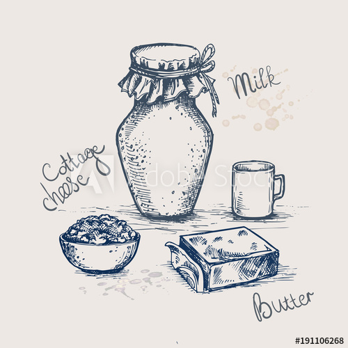 500x500 Vector Ink Hand Drawn Set Of Dairy Products. Milk, Cottage Cheese - Butter Sketch
