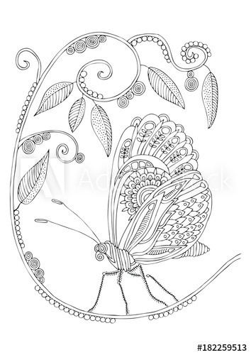 354x500 Hand Drawn Butterfly And Flower. Sketch For Anti Stress Adult - Butterfly And Flower Sketch