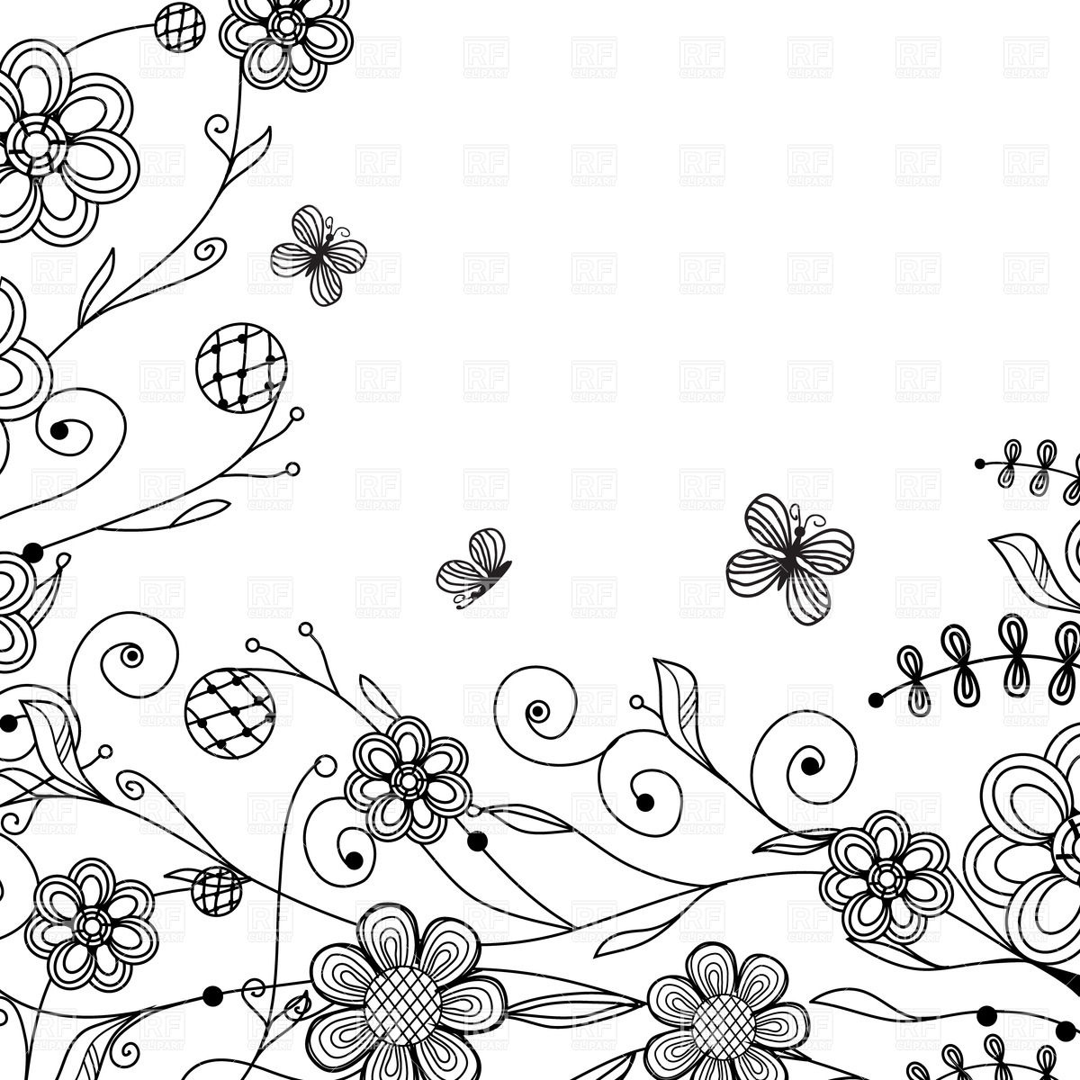 1200x1200 Black Sketch Flowers And Butterflies Vector Image Vector Artwork - Butterfly And Flower Sketch