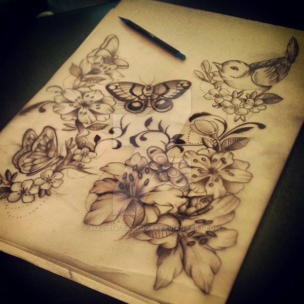 600x600 Butterfly Flower Tattoo By Malitia Tattoo89 - Butterfly Flower Sketch