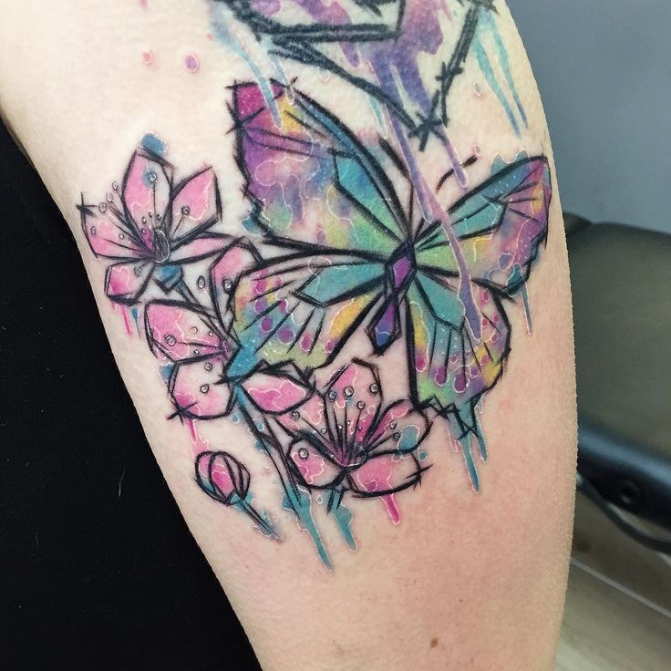 736x736 Watercolour Tattoo With Butterfly And Flower - Butterfly Flower Sketch