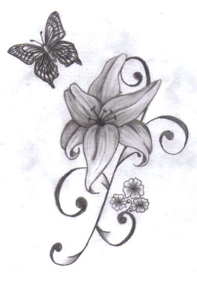 401x572 Drawn Butterfly Lily - Butterfly On A Flower Sketch