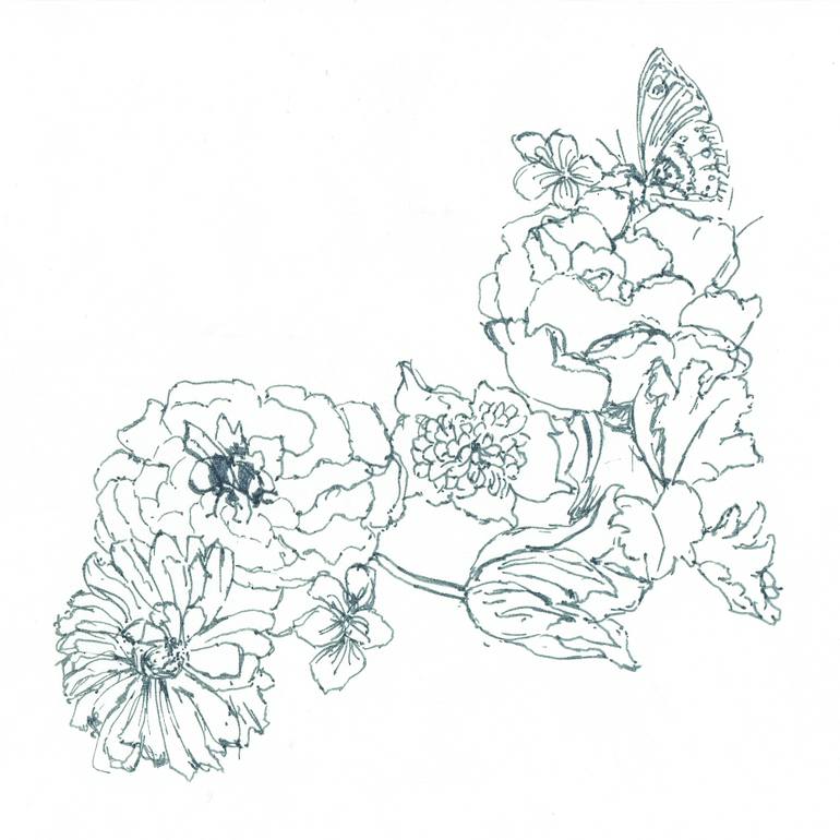 770x770 Dutch Still Life Outline Drawing With Butterfly, Bee, Peonies - Butterfly Sketch Outline