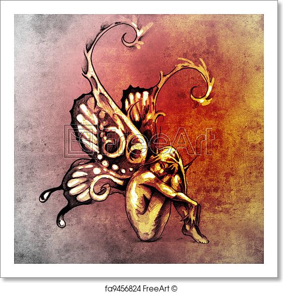 561x581 Free Art Print Of Sketch Of Tattoo Art, Fairy With Butterfly Wings - Butterfly Wings Sketch